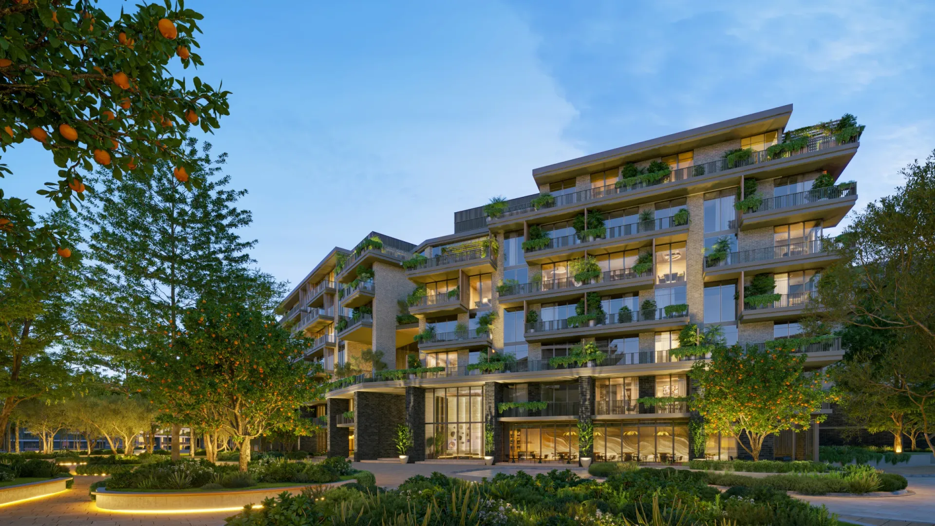 Render of an Arancia Yards building facade with planted terraces and orange trees