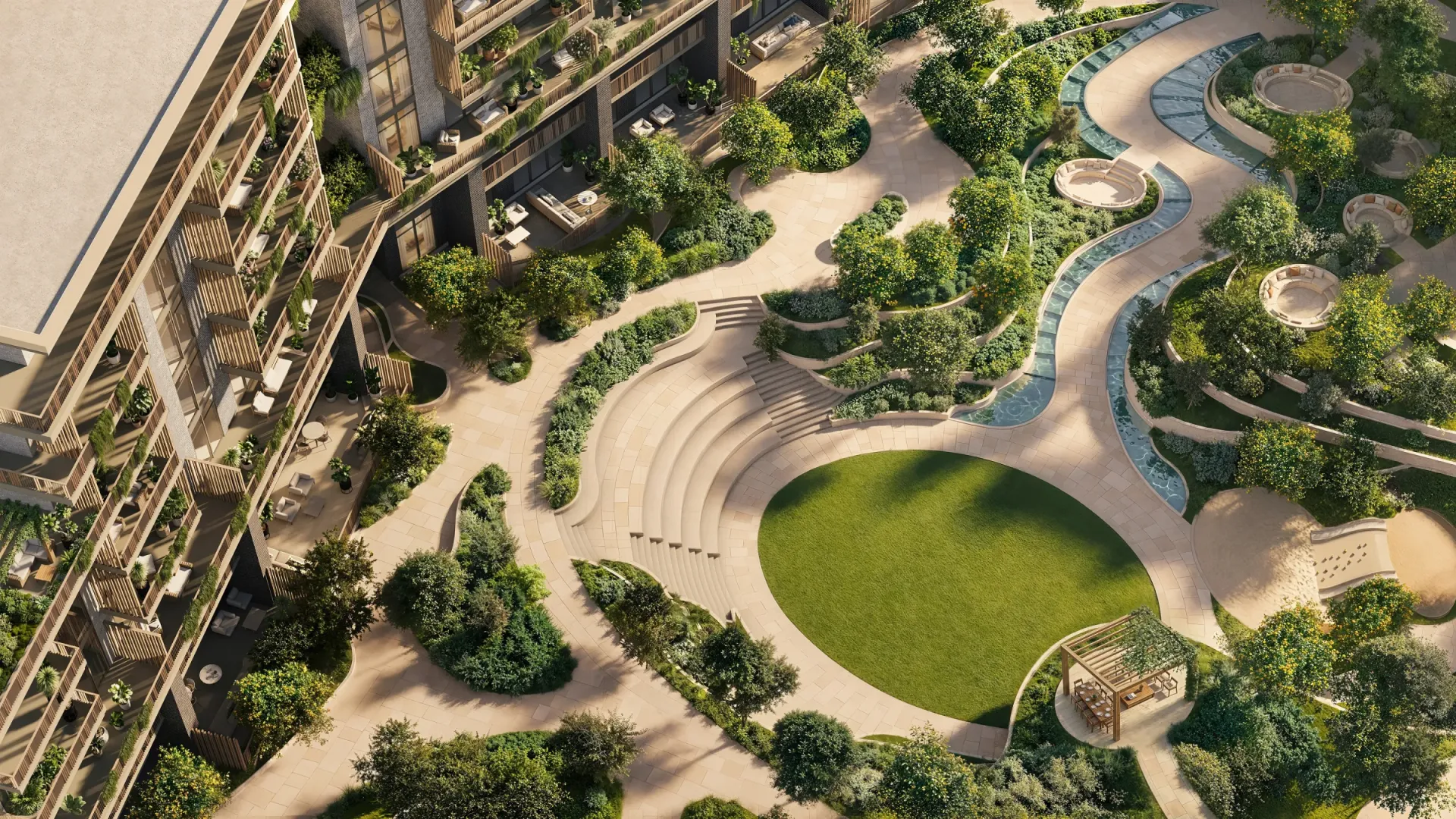 Aerial render of the Arancia Yards central courtyard with lawn, paths and planting