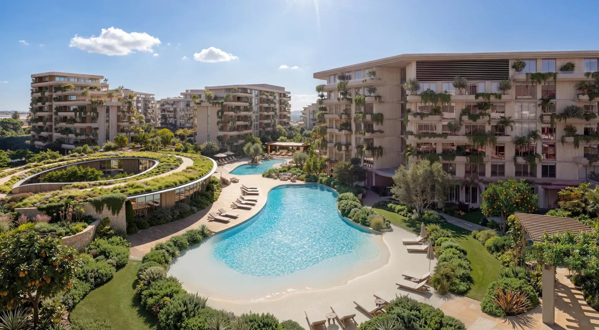Render of the Arancia Yards swimming pool with sandy edges and gardens