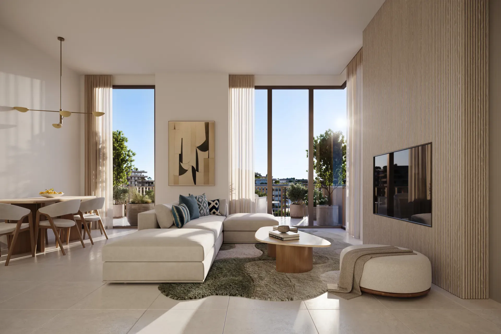Render of an Arancia Yards living and dining room with balcony doors