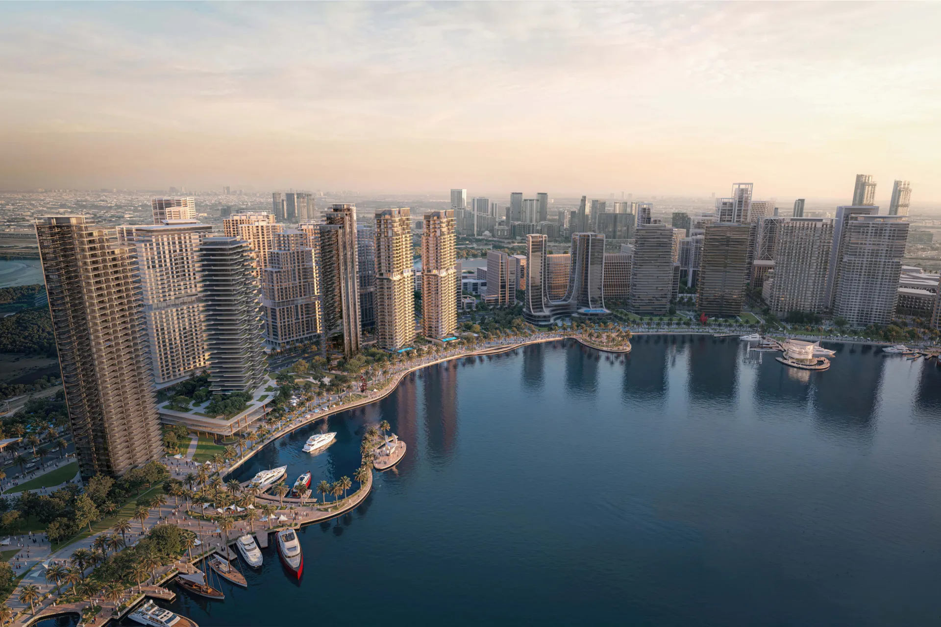 Aerial render of Dubai Design District and the Dubai Canal waterfront with the Artistry towers