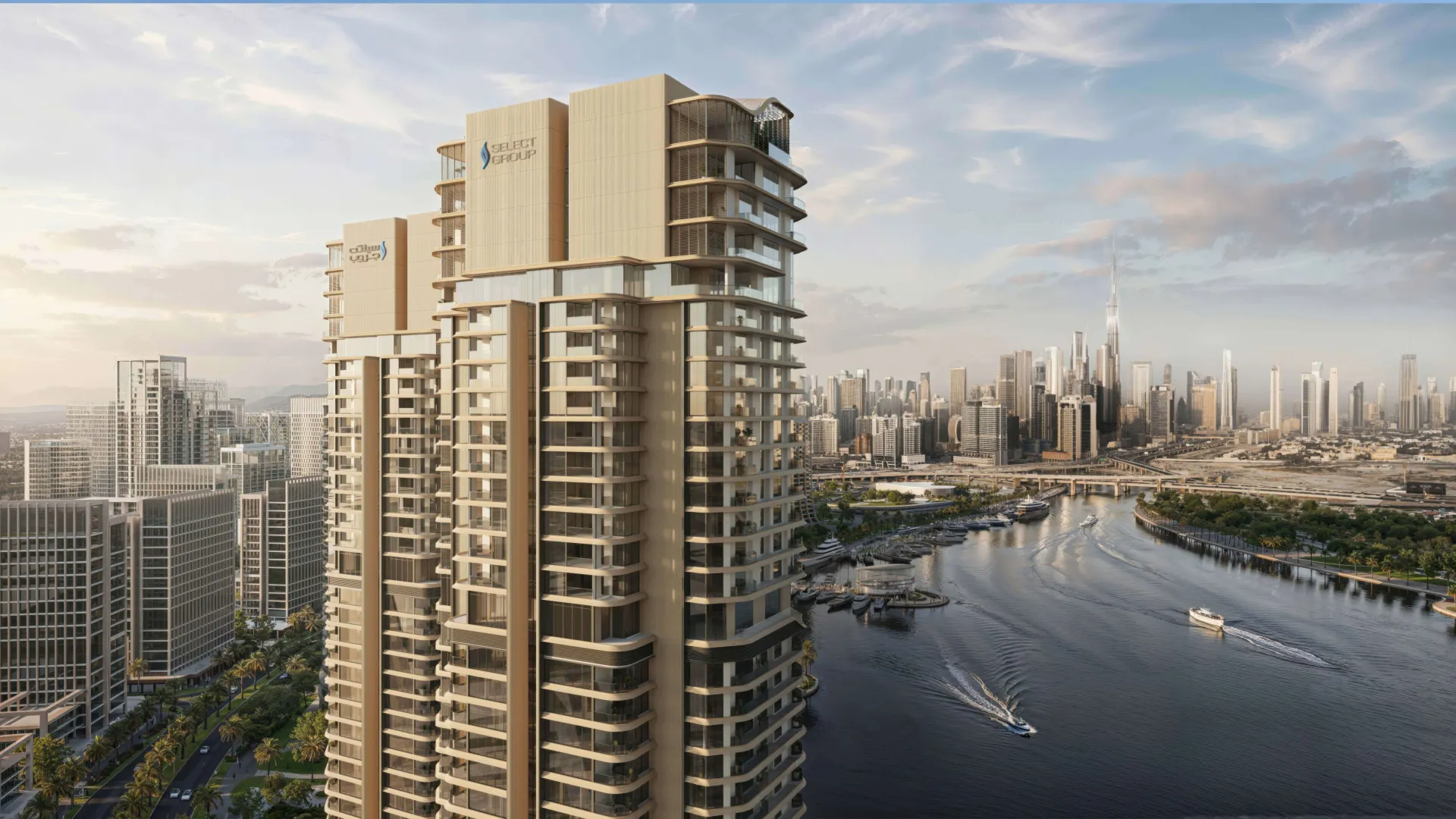Render of an Artistry tower with the Downtown Dubai skyline behind