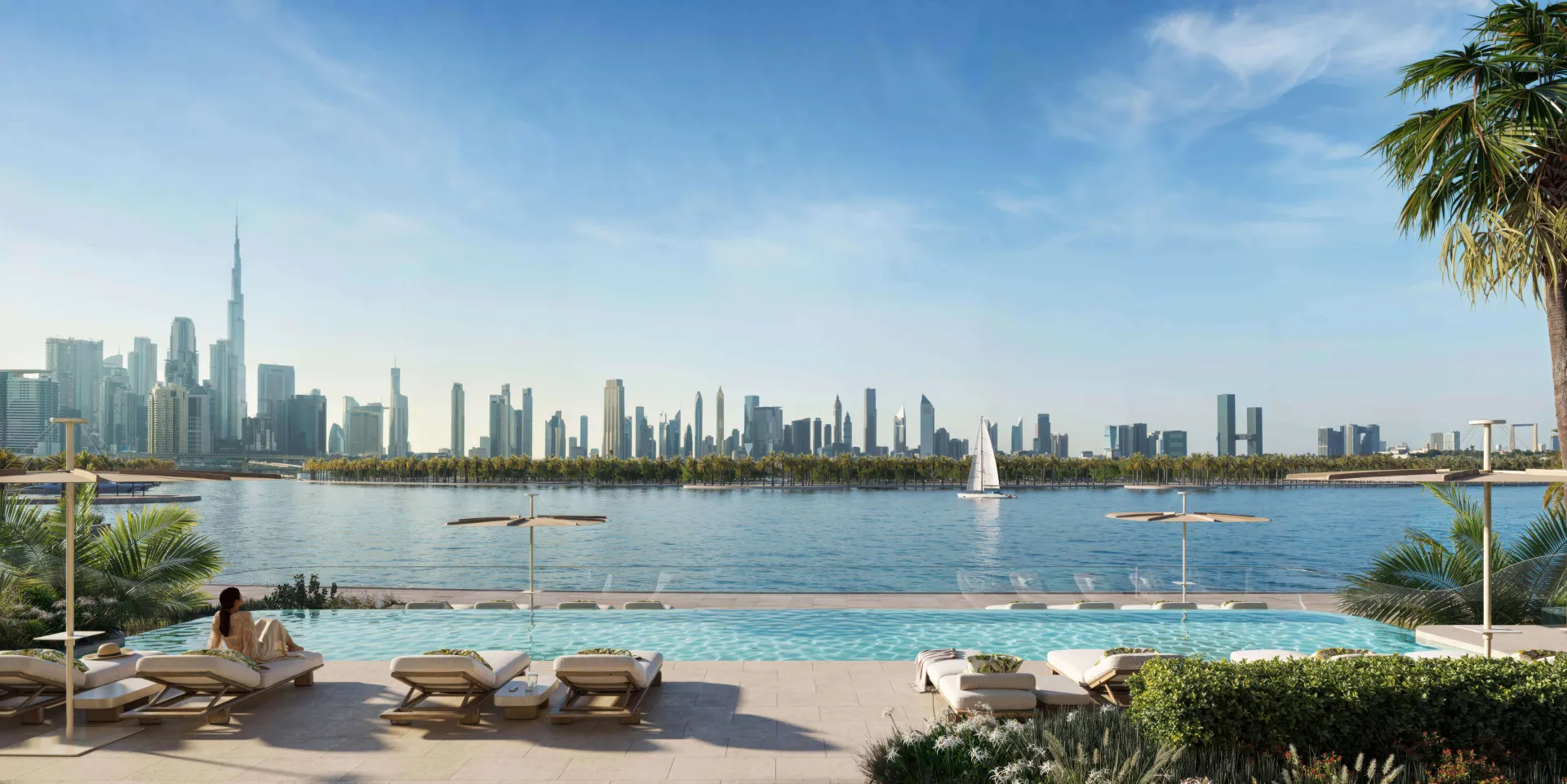 Render of the pool deck looking across Dubai Canal to Downtown Dubai