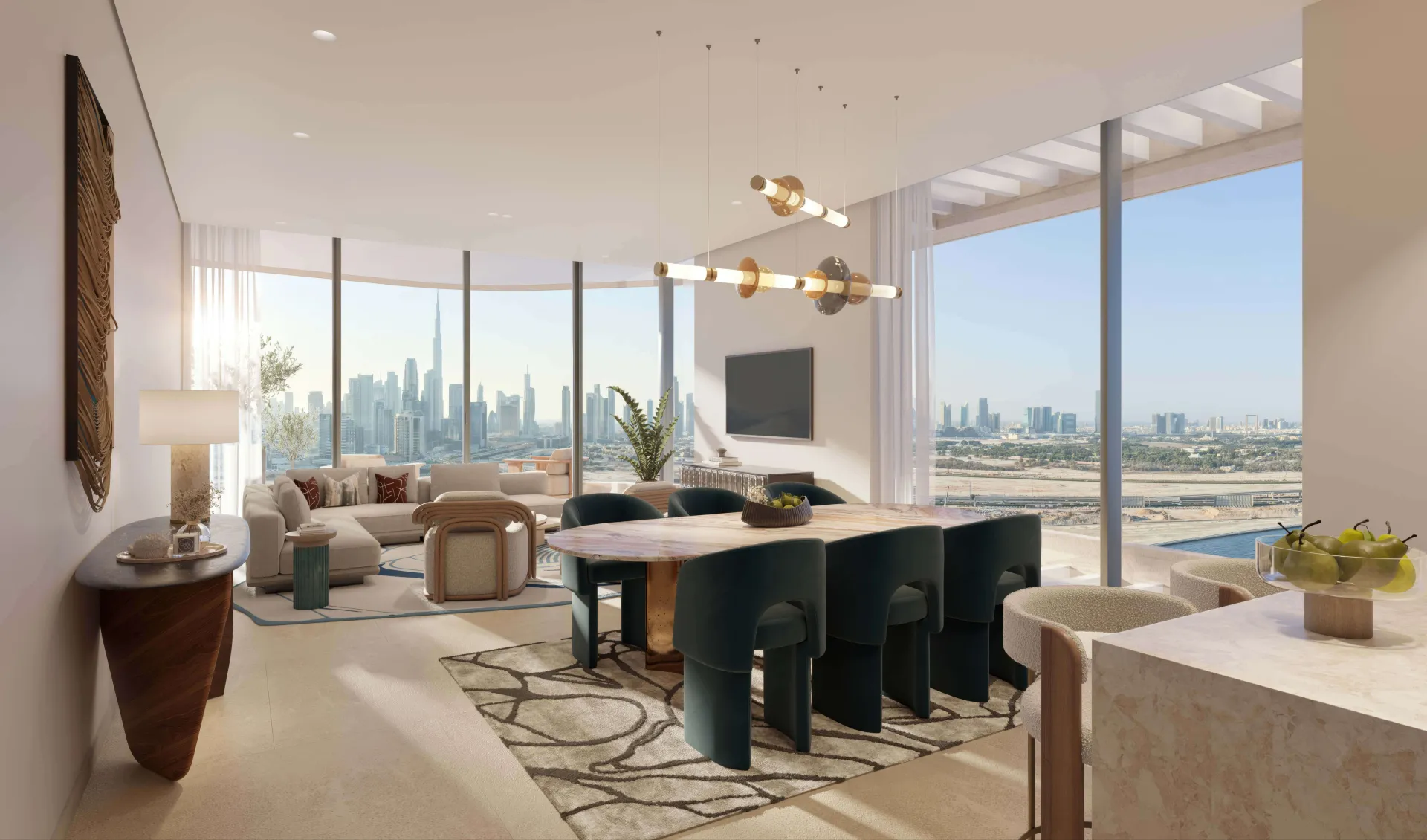 Render of a living and dining room in an Artistry apartment