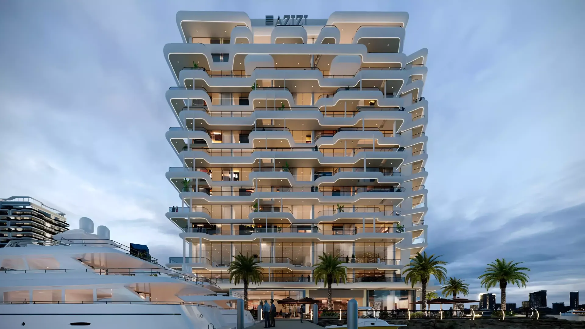 Render of the building front with palms and a waterfront promenade at dusk