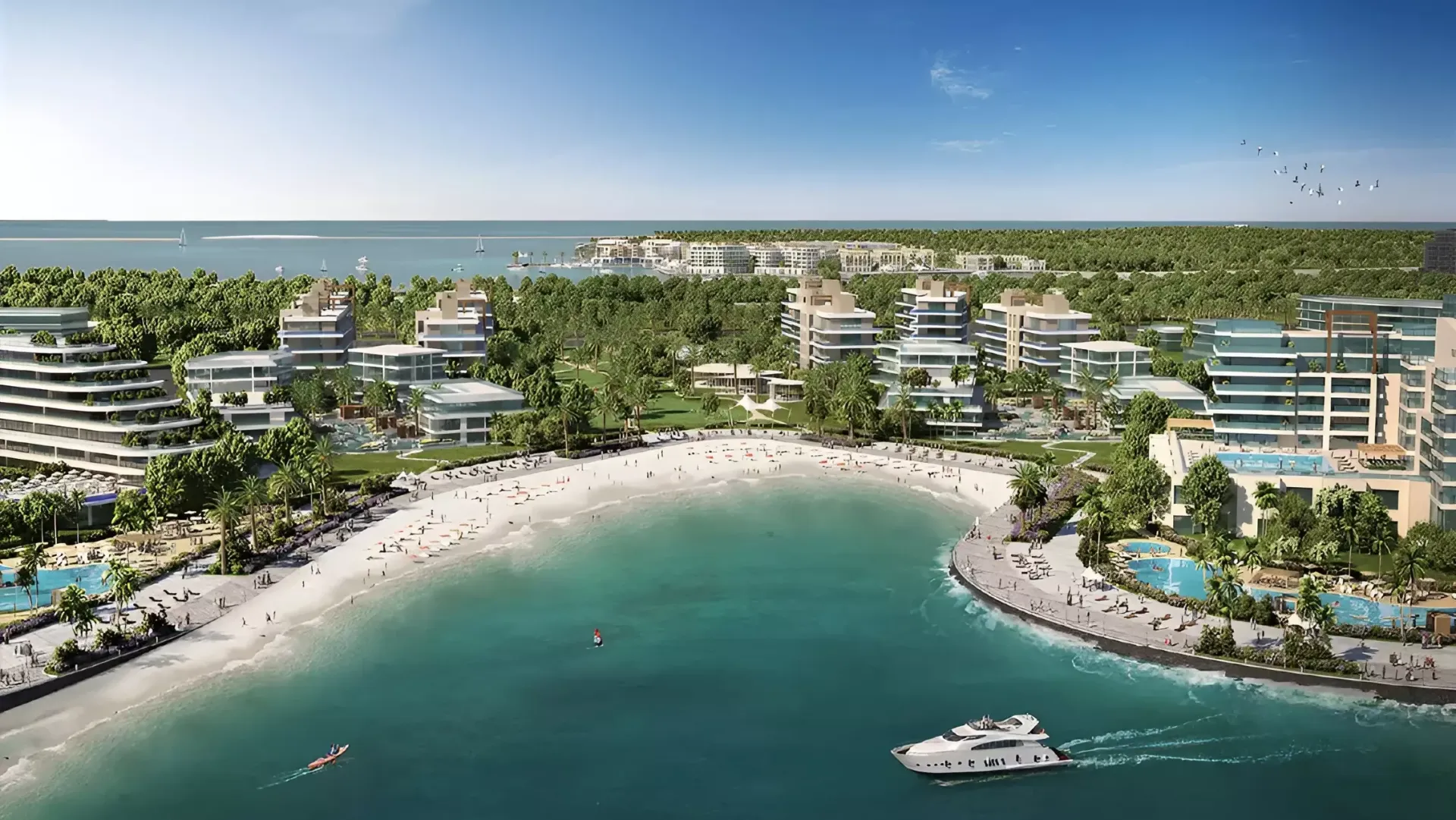 Aerial render of a Dubai Islands beach bay with low-rise waterfront buildings