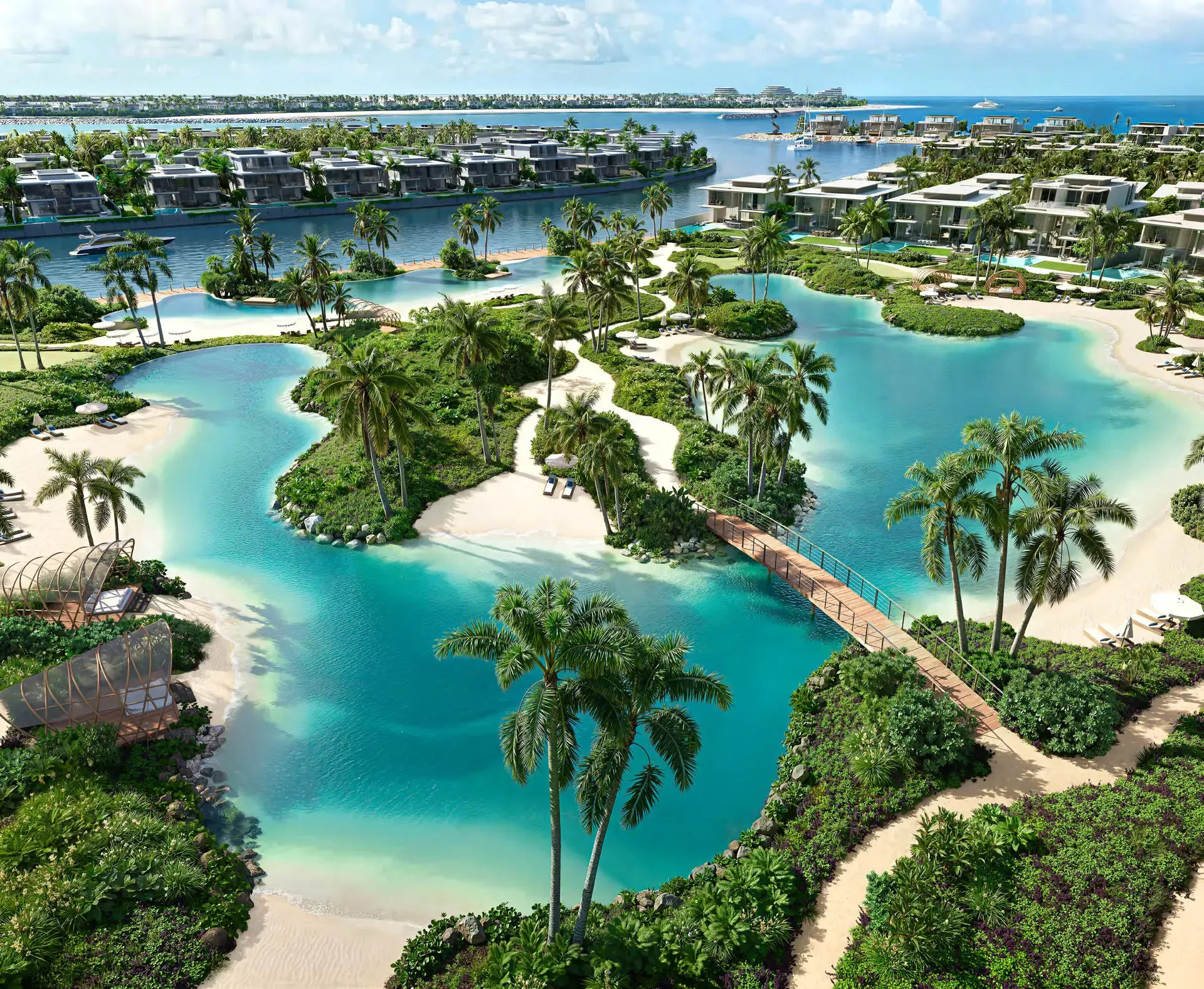Render of Bay Estate's lagoons, with sandy edges, palms and a footbridge