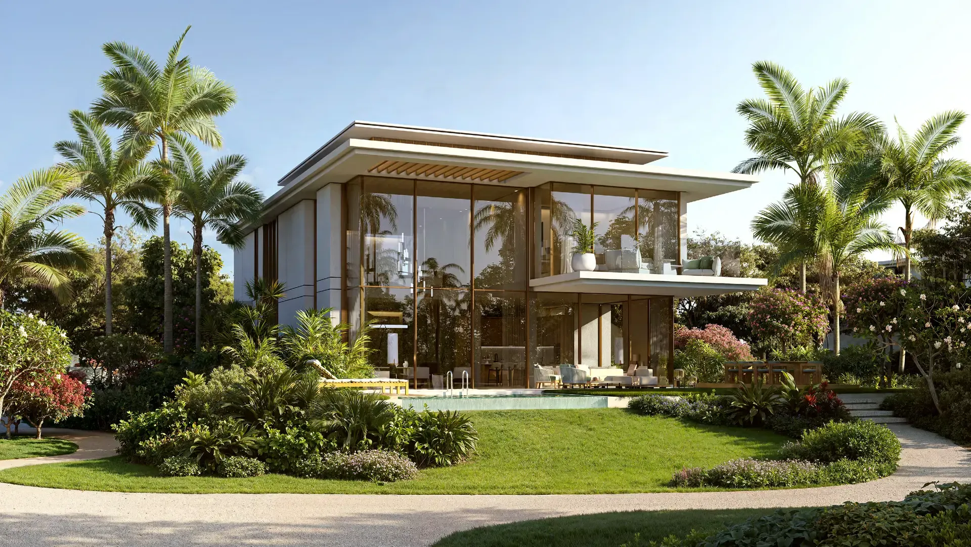 Render of a two-storey Bay Estate villa behind a landscaped garden