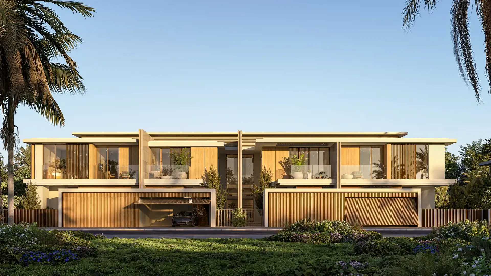 Render of a pair of Bay Estate townhouses with timber screens and covered parking