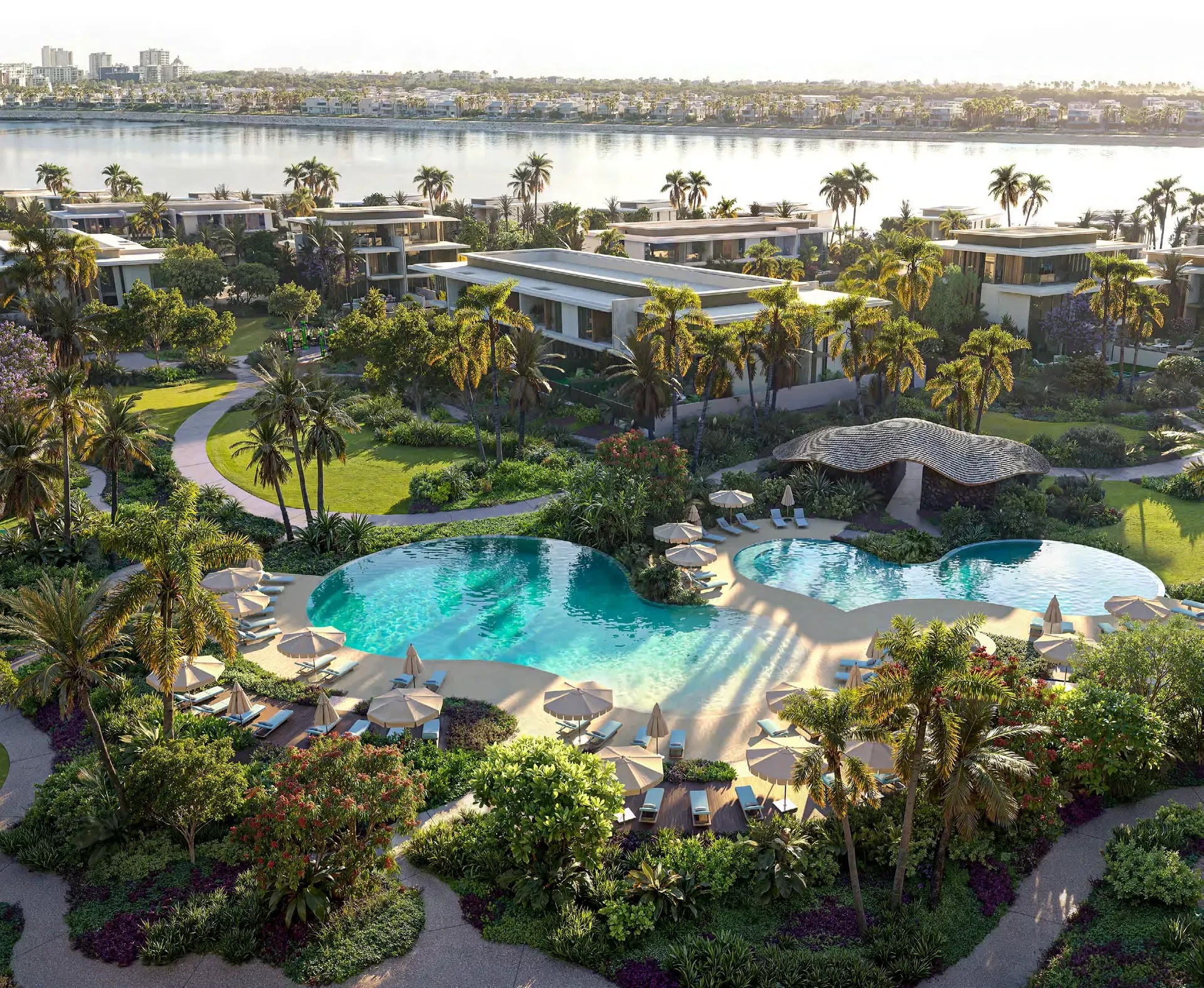 Aerial render of a Bay Estate pool clubhouse surrounded by planting
