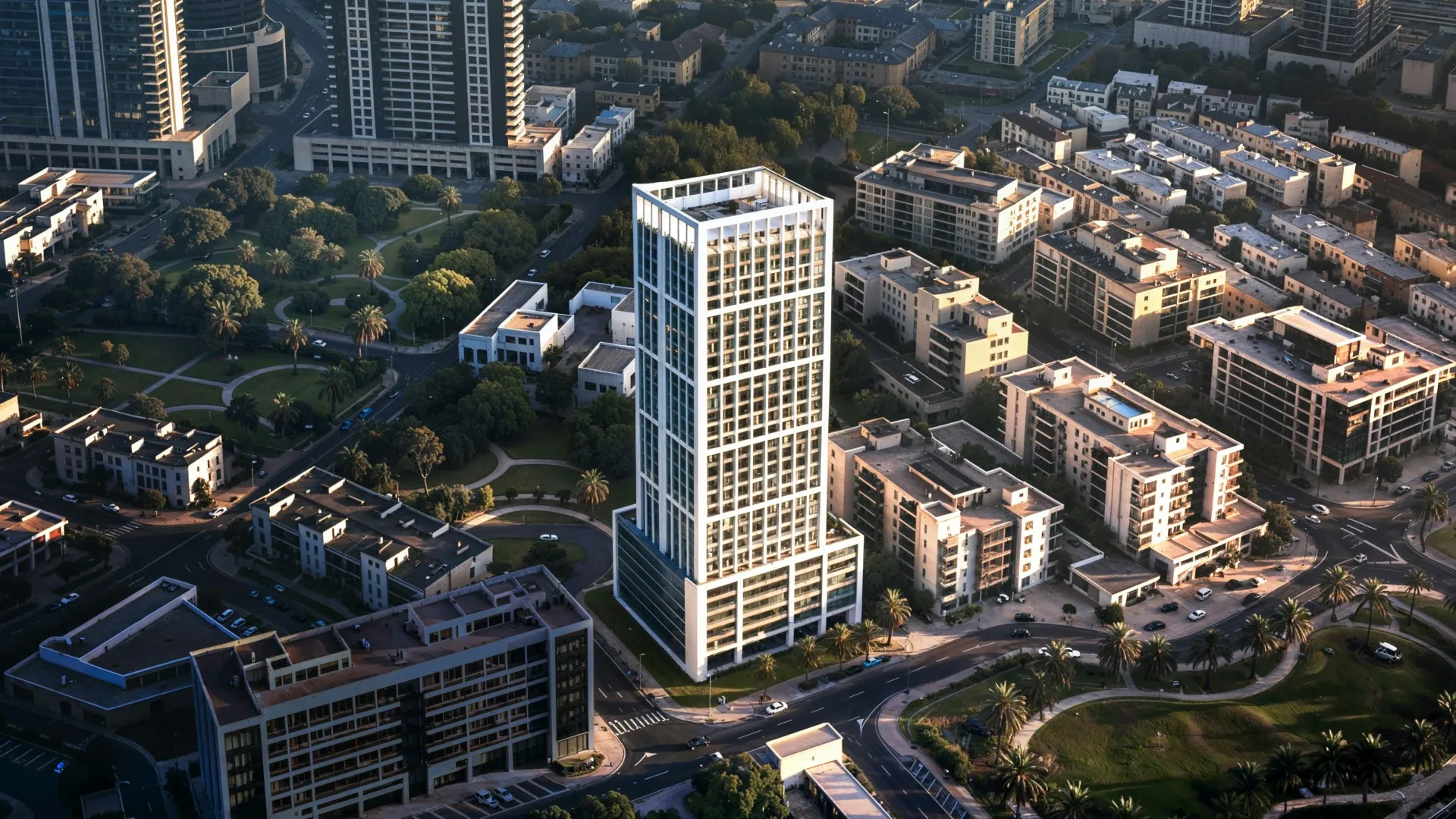 Aerial daytime render of Binghatti Etherea among JVC low-rise buildings