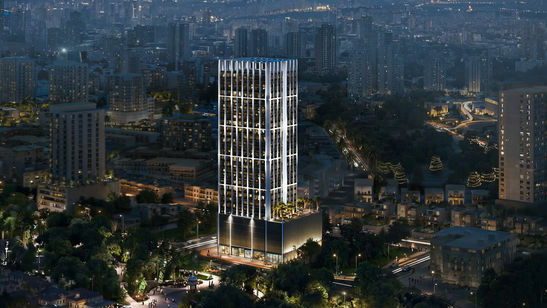 Aerial night render of the Binghatti Etherea tower