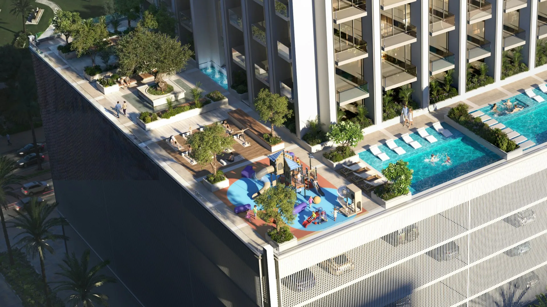 Render of the podium amenity deck and pools at Binghatti Etherea