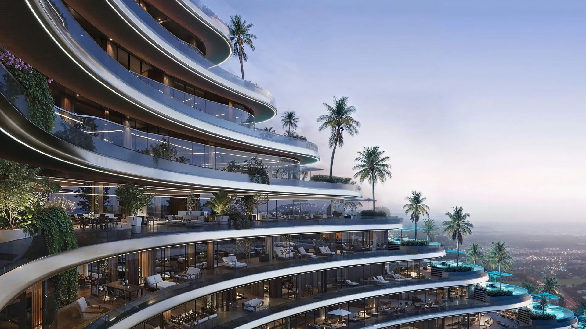 Render of the terraced balconies on a Binghatti Skyflame tower