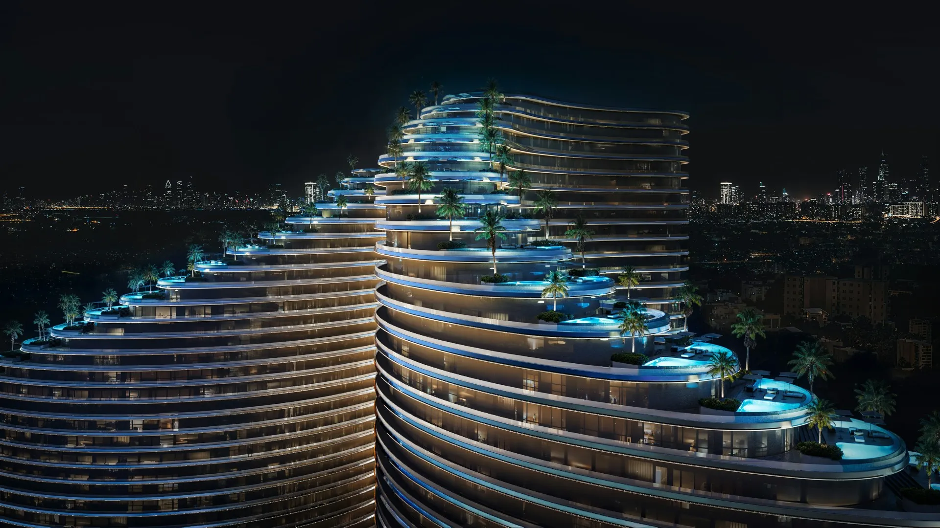 Night render of the stepped terraces with plunge pools at Binghatti Skyflame