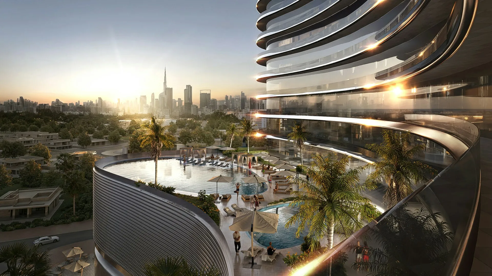 Render of the podium pool deck at Binghatti Skyflame