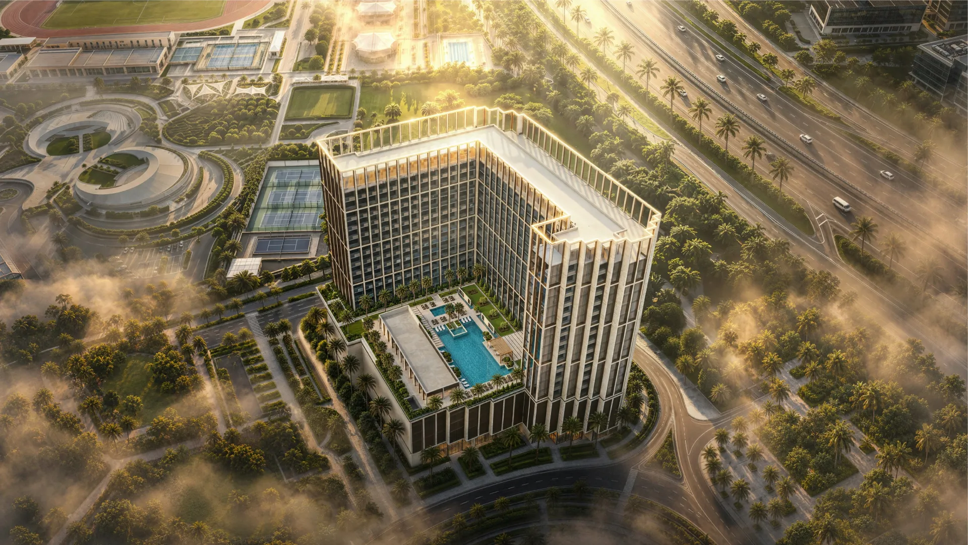 Aerial render of Binghatti Starfall showing the podium pool deck