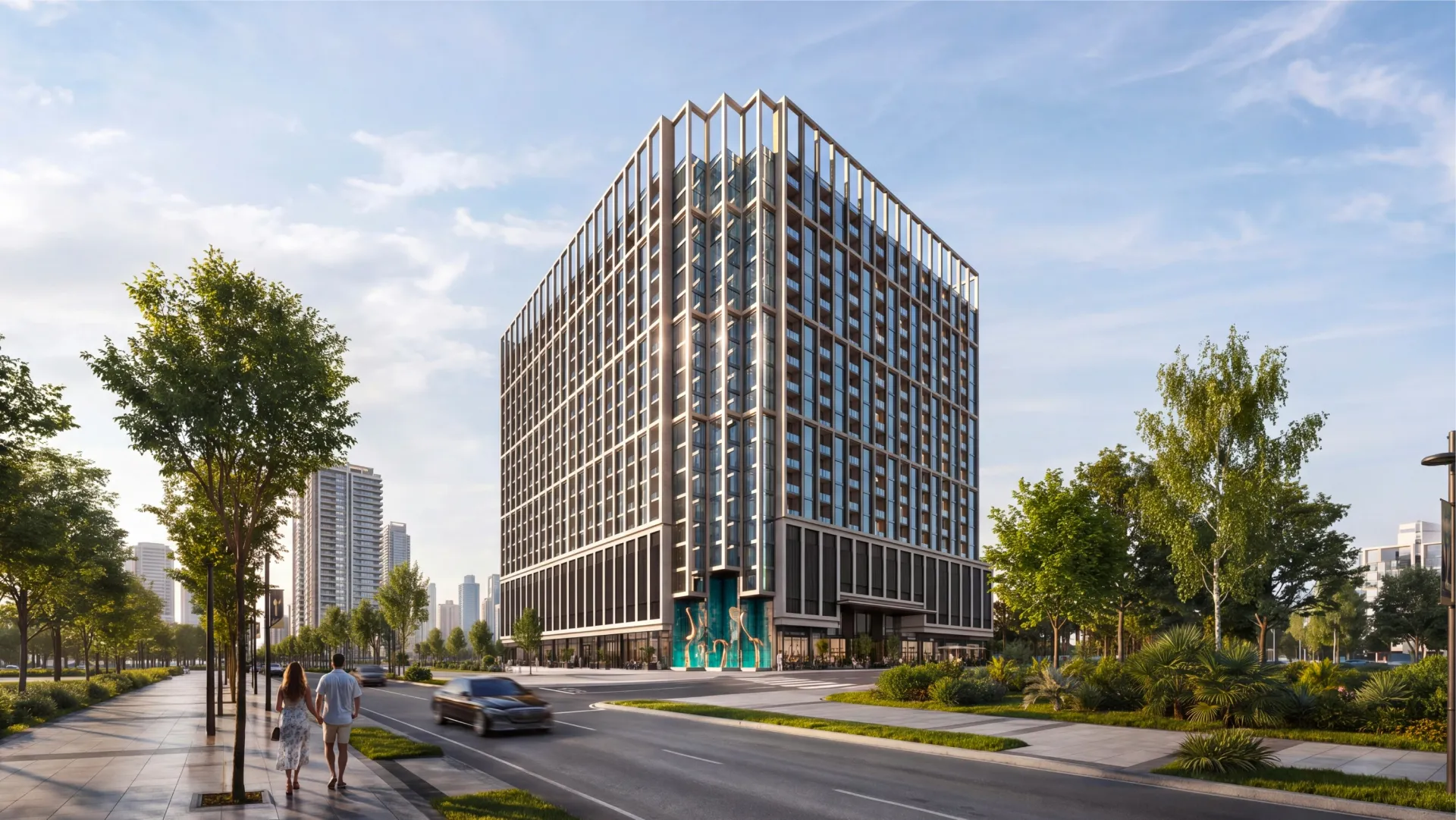 Daytime street-level render of the Binghatti Starfall tower