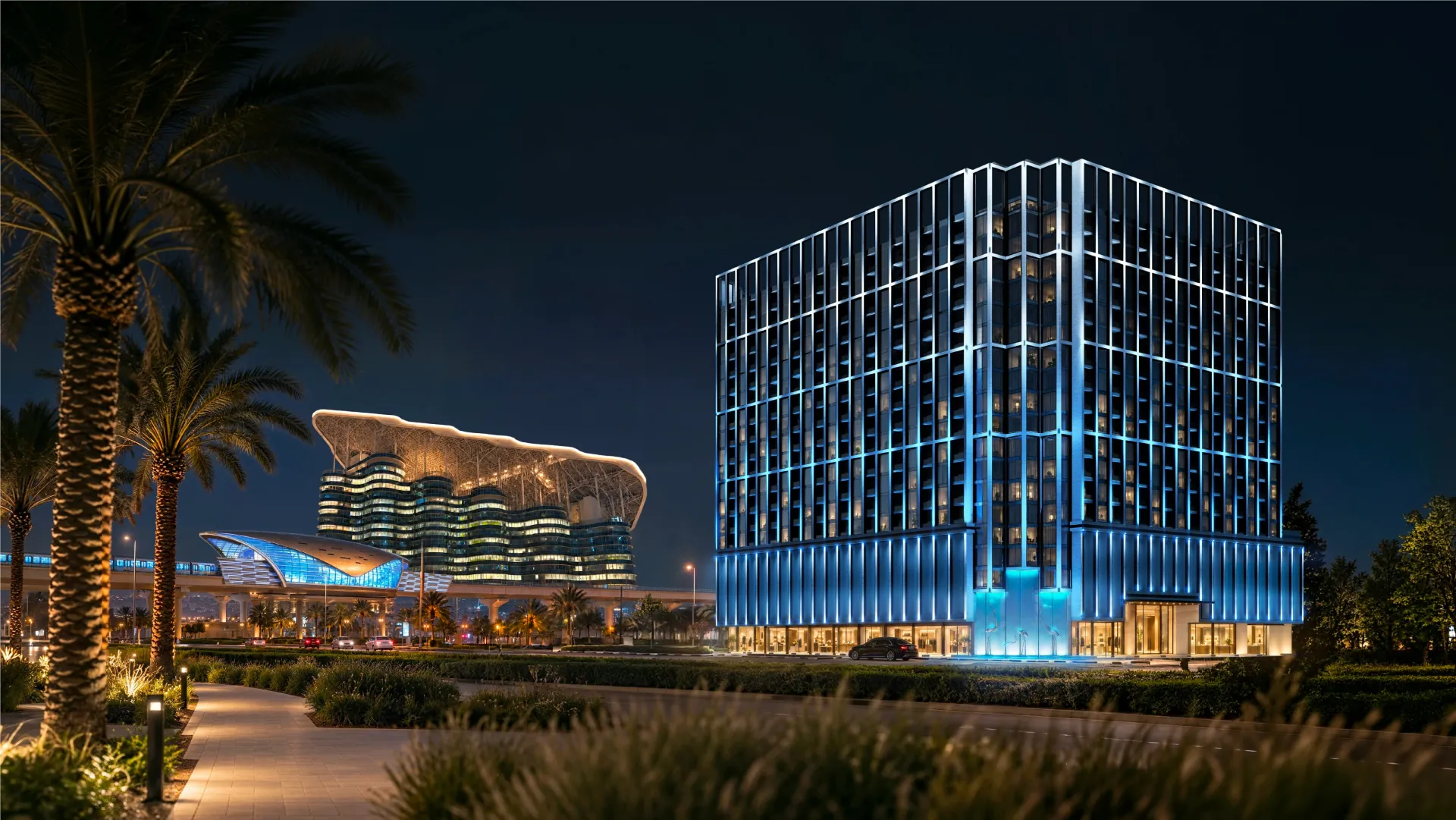 Night render of Binghatti Starfall with its lit glass facade