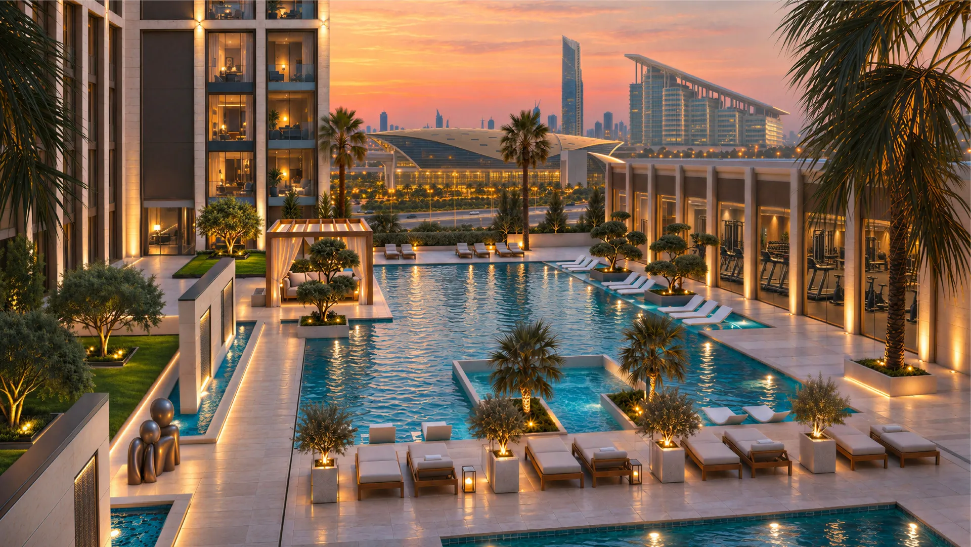 Render of the pool deck at Binghatti Starfall at dusk