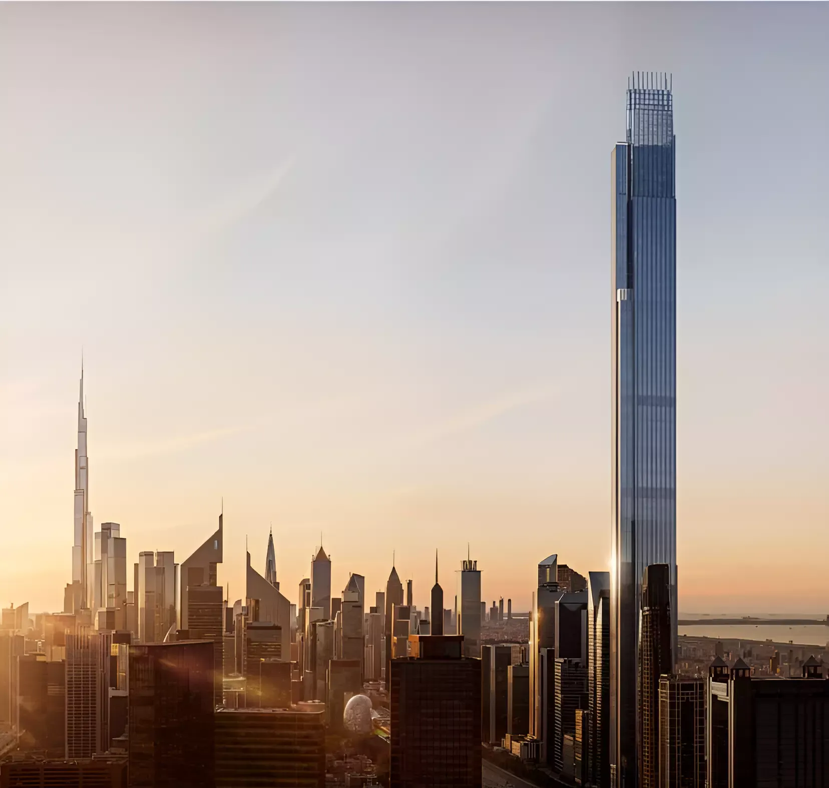 Render of the Burj Azizi tower with the Dubai skyline and Burj Khalifa to the left