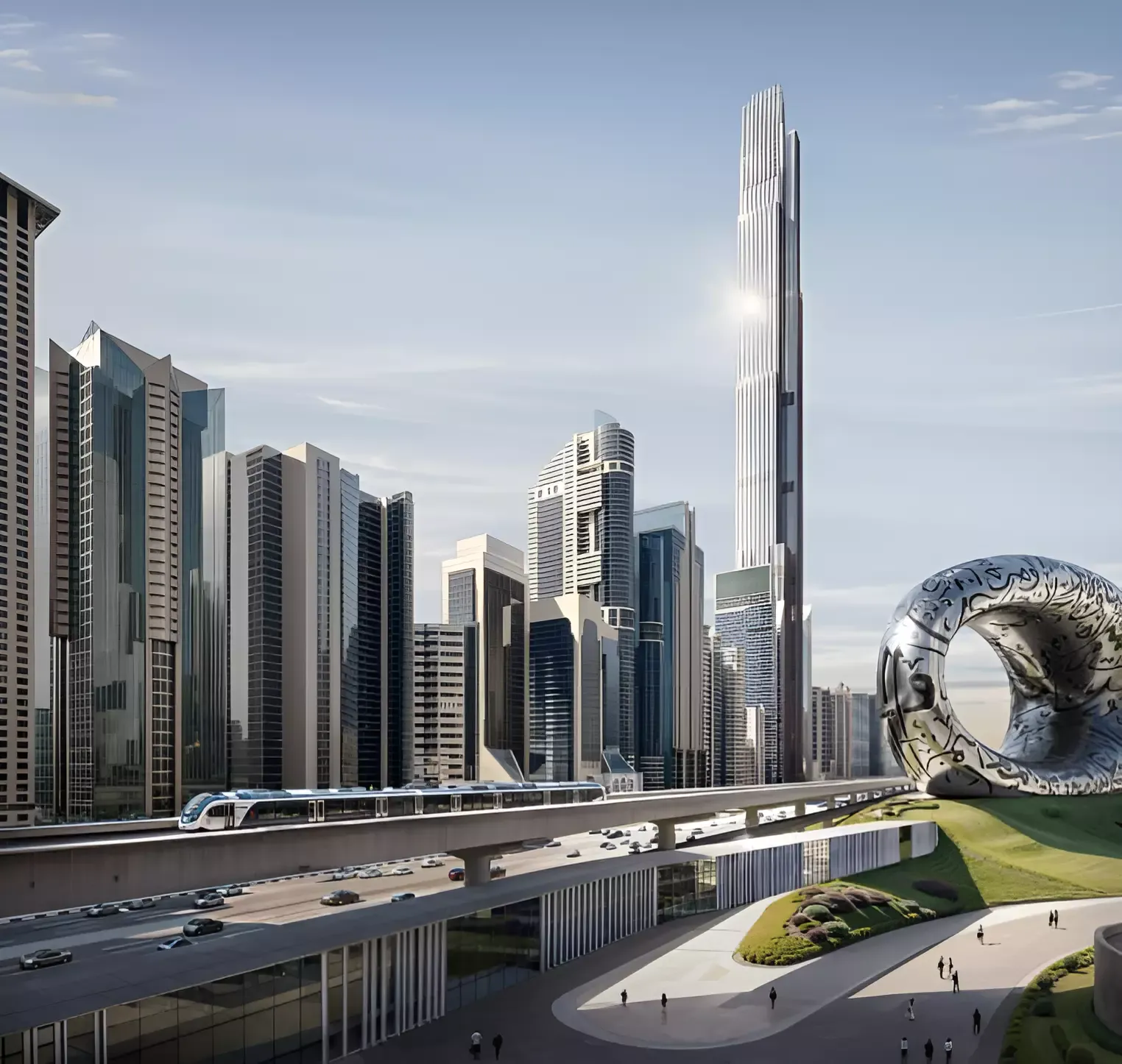Daytime render of the tower above Sheikh Zayed Road, with the metro line in the foreground