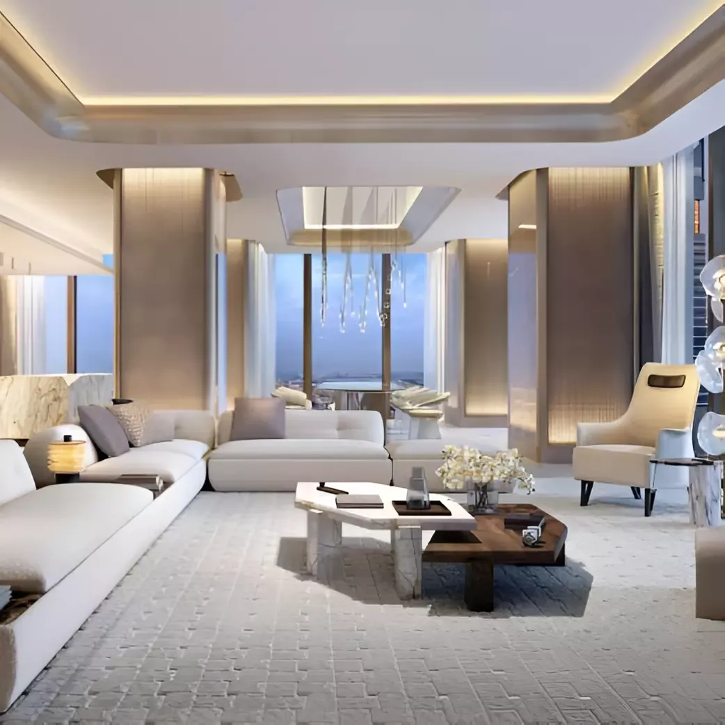 Interior render of a residence living room with full-height windows