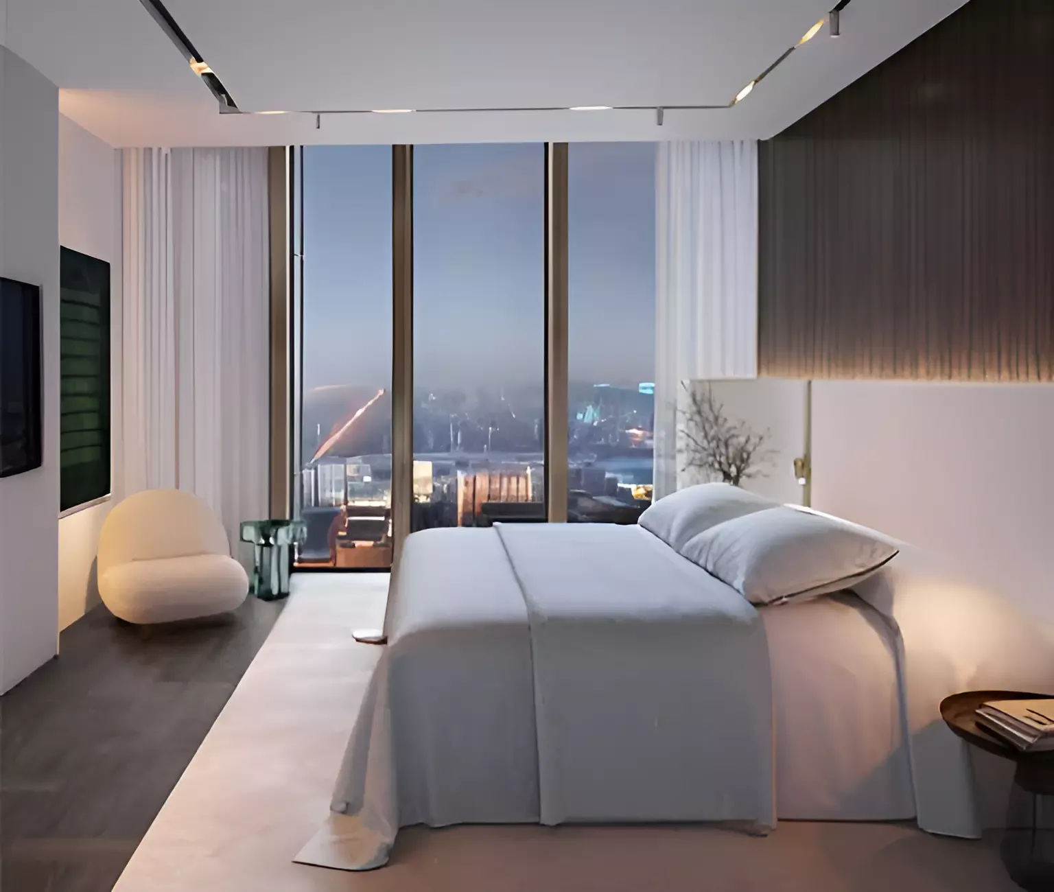 Interior render of a bedroom with a city view at dusk