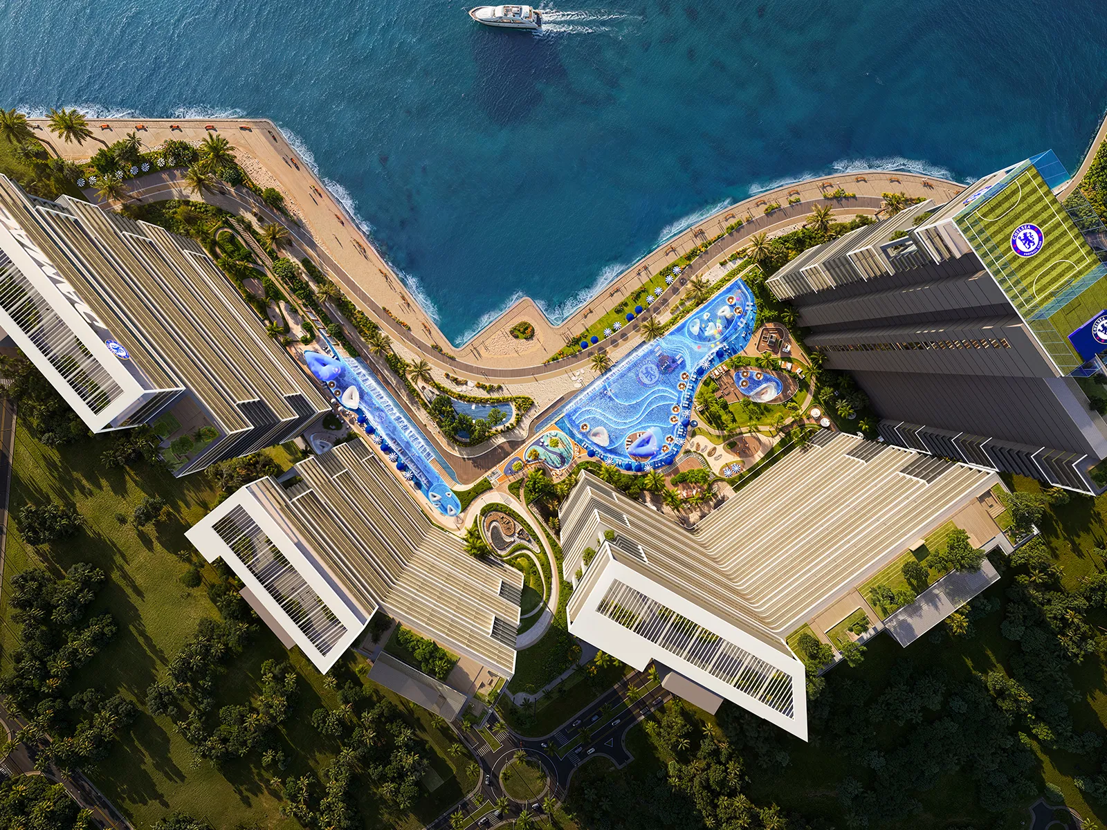 Aerial render of the Chelsea Residences buildings, pools and beach on the Dubai Maritime City shoreline