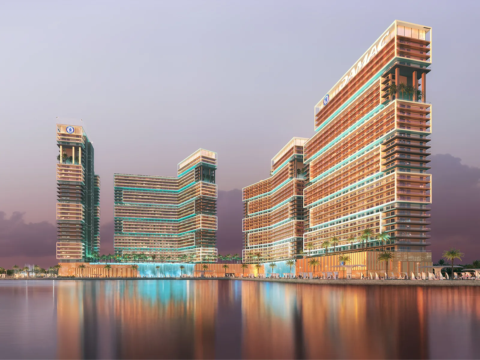 Dusk render of the towers reflected in the water at Dubai Maritime City