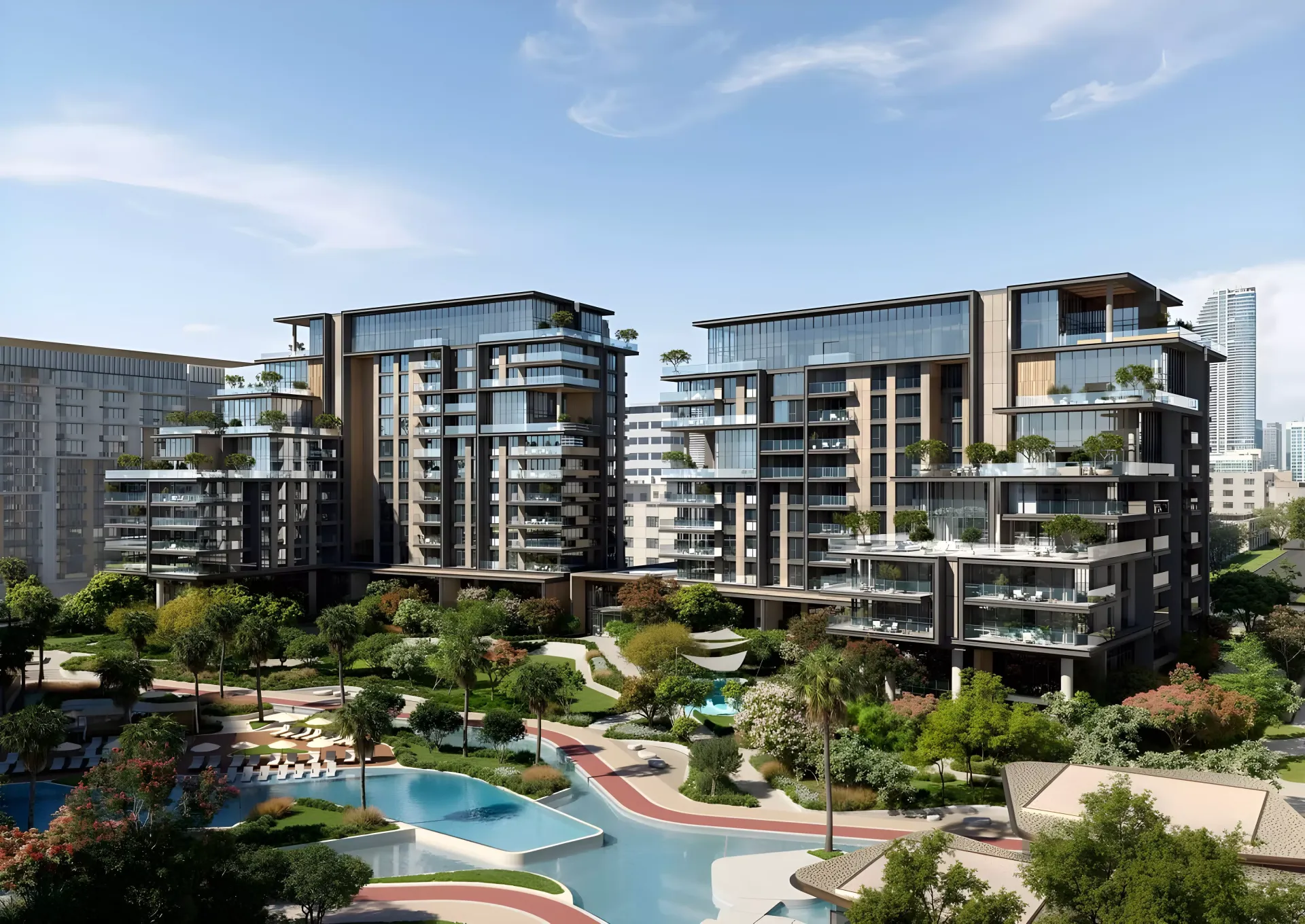 Aerial view of City Walk Crestlane buildings around water features and gardens, Meraas render