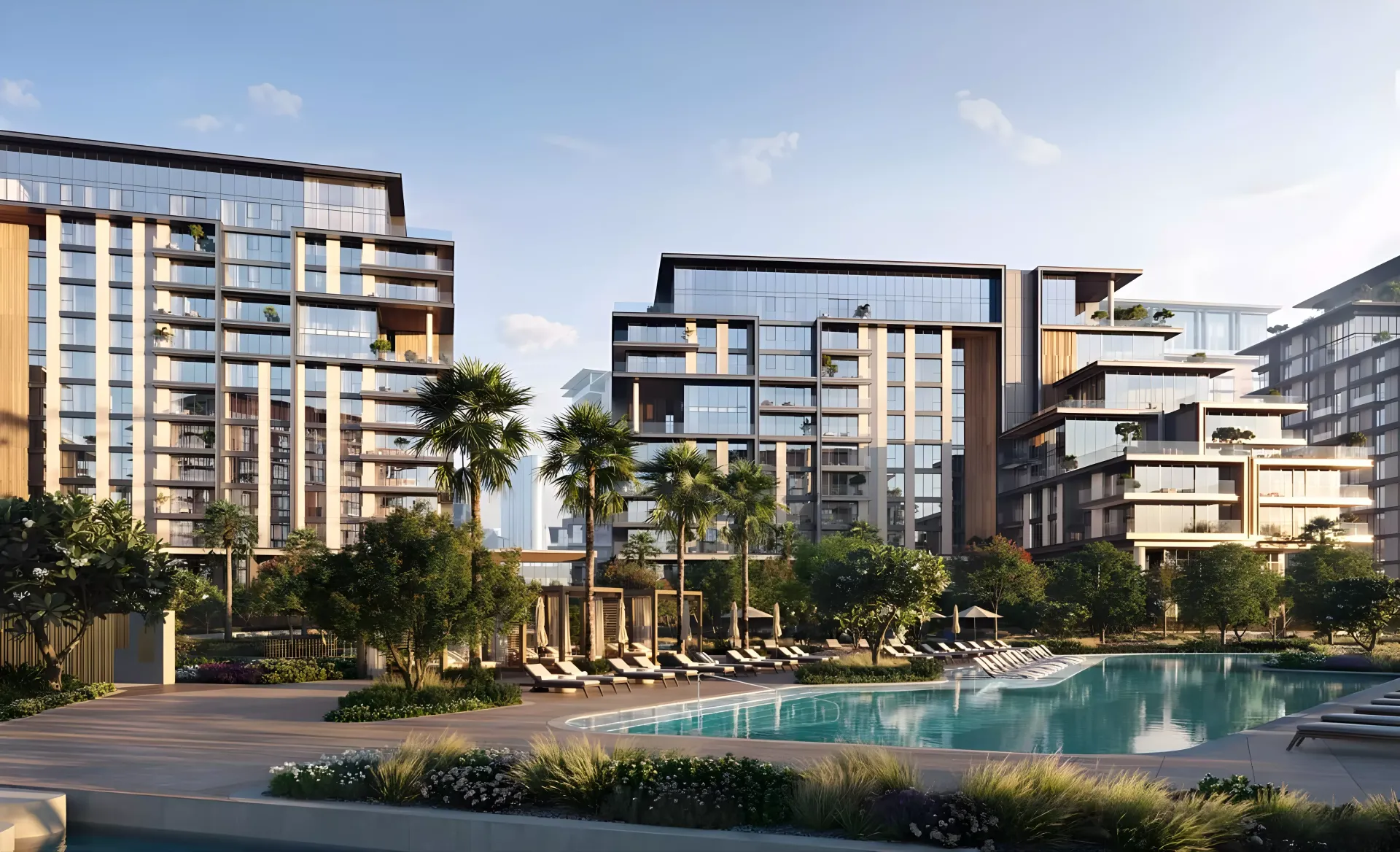 Pool and landscaped grounds between City Walk Crestlane buildings, Meraas render
