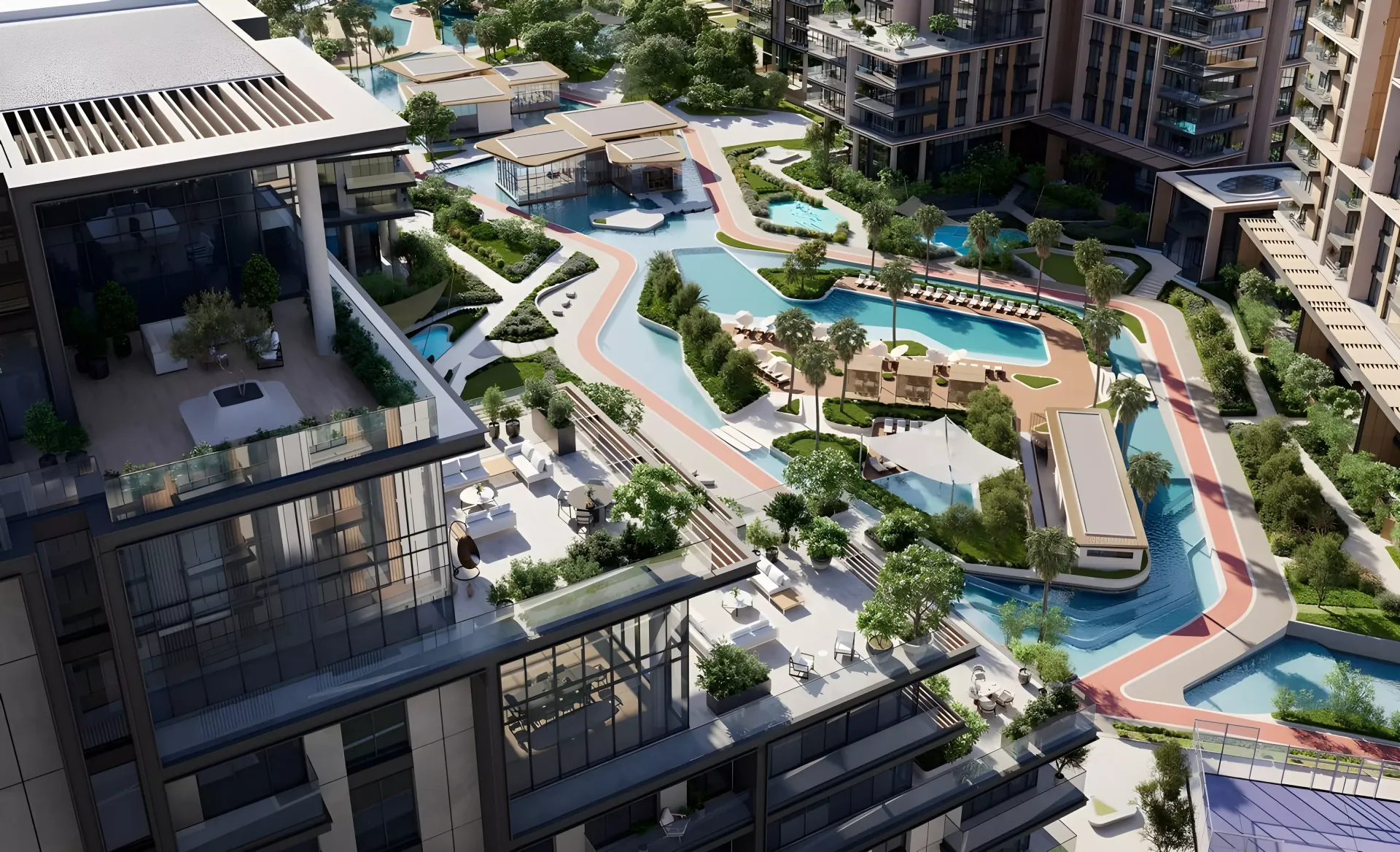 Elevated view over the pools and pathways at City Walk Crestlane, Meraas render