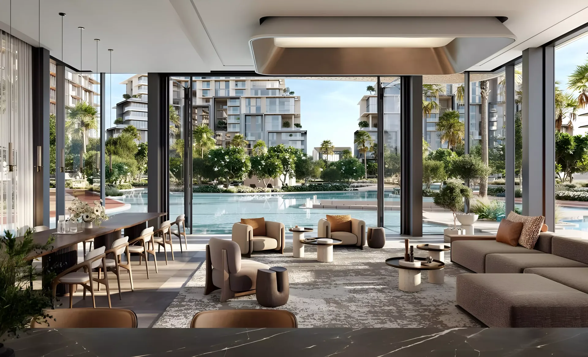 Residents' lounge opening onto the pool at City Walk Crestlane, Meraas render
