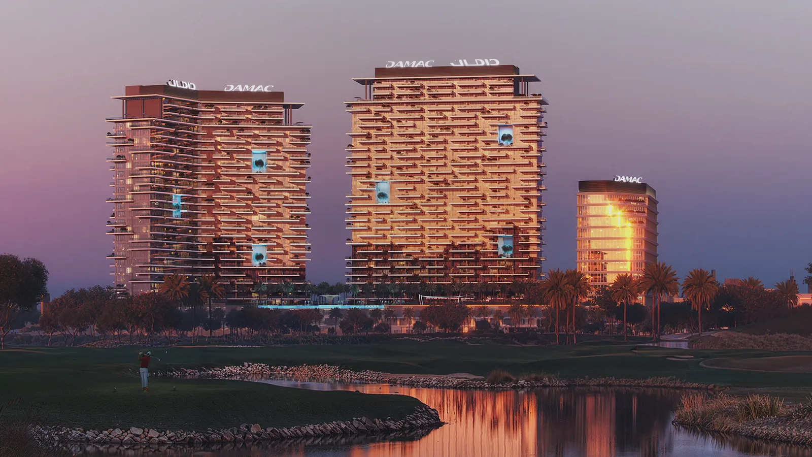 Dusk render of the DAMAC District towers seen across a golf-course lake