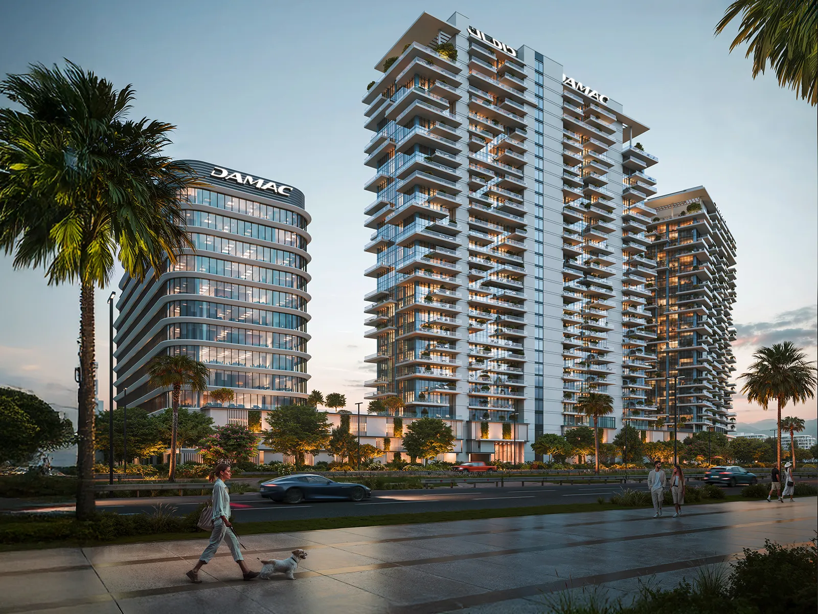 Street-level render of the residential and office towers with palm-lined pavement