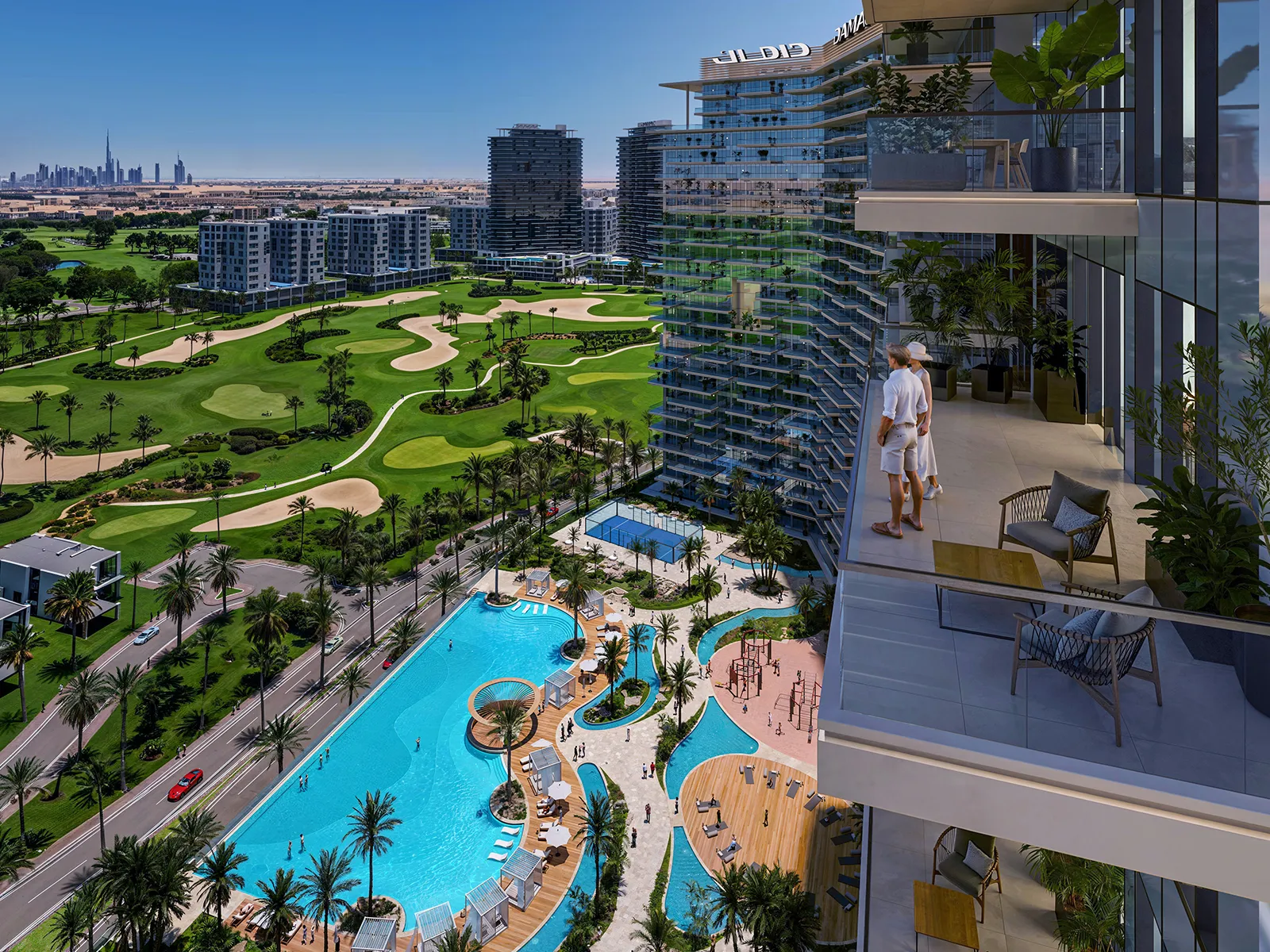 Render from a terrace over the pool deck and golf course, Dubai skyline in the distance