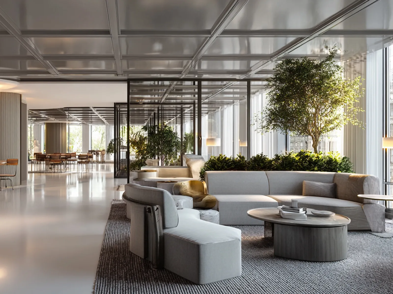 Interior render of a lobby lounge with seating and indoor trees