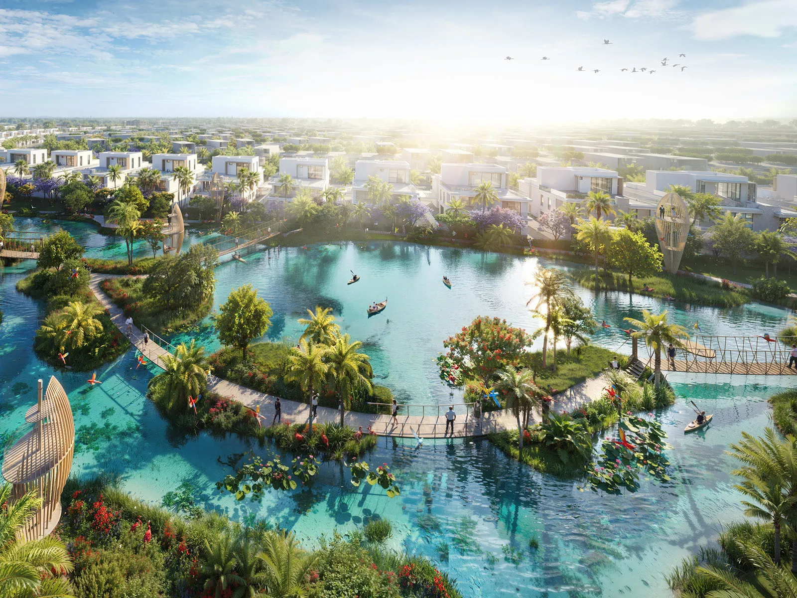Render of a lagoon with planted islands and footbridges, villas in the background