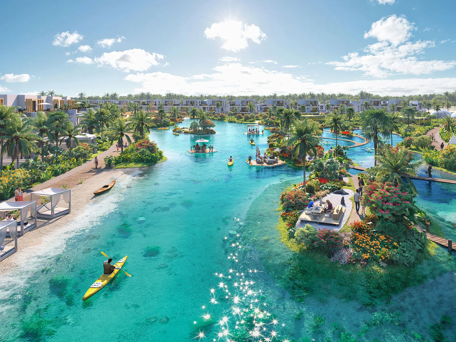Render of a turquoise water channel with kayaks and a beach edge beside the villa clusters