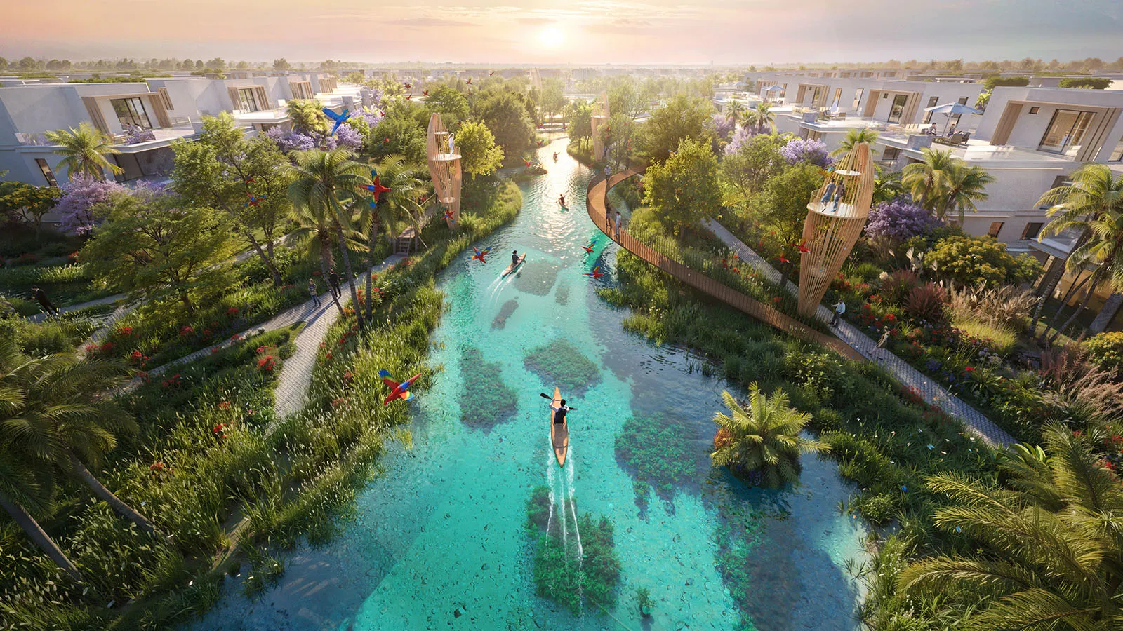 Render of a planted water channel running between villas at sunset