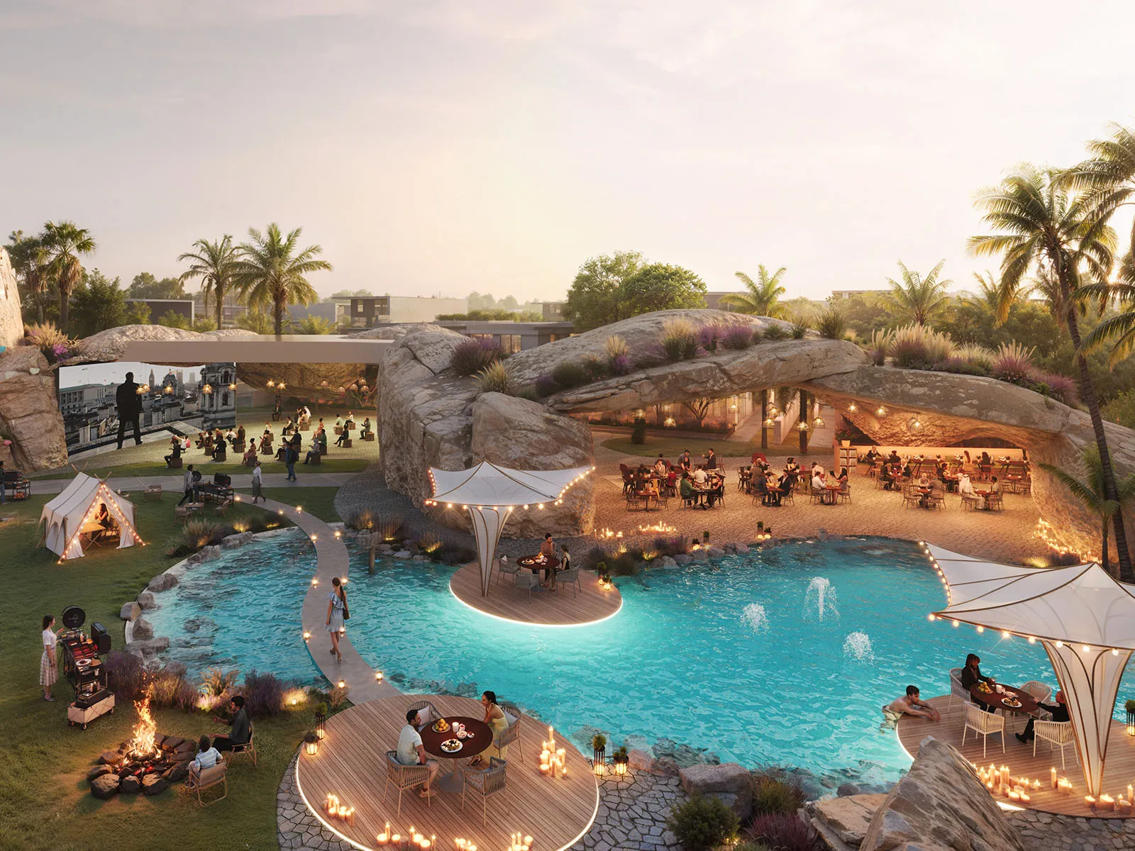 Render of an outdoor dining area beside a pool and rock-formation restaurant at dusk