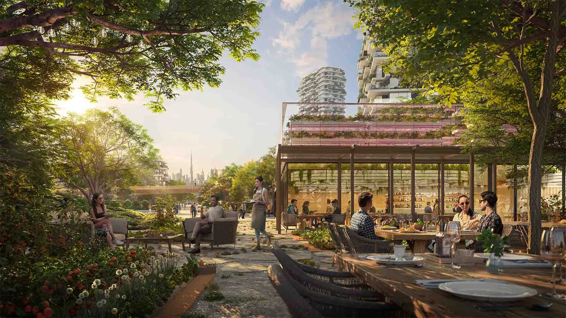 DISTRIKT lifestyle centre terrace with the towers behind