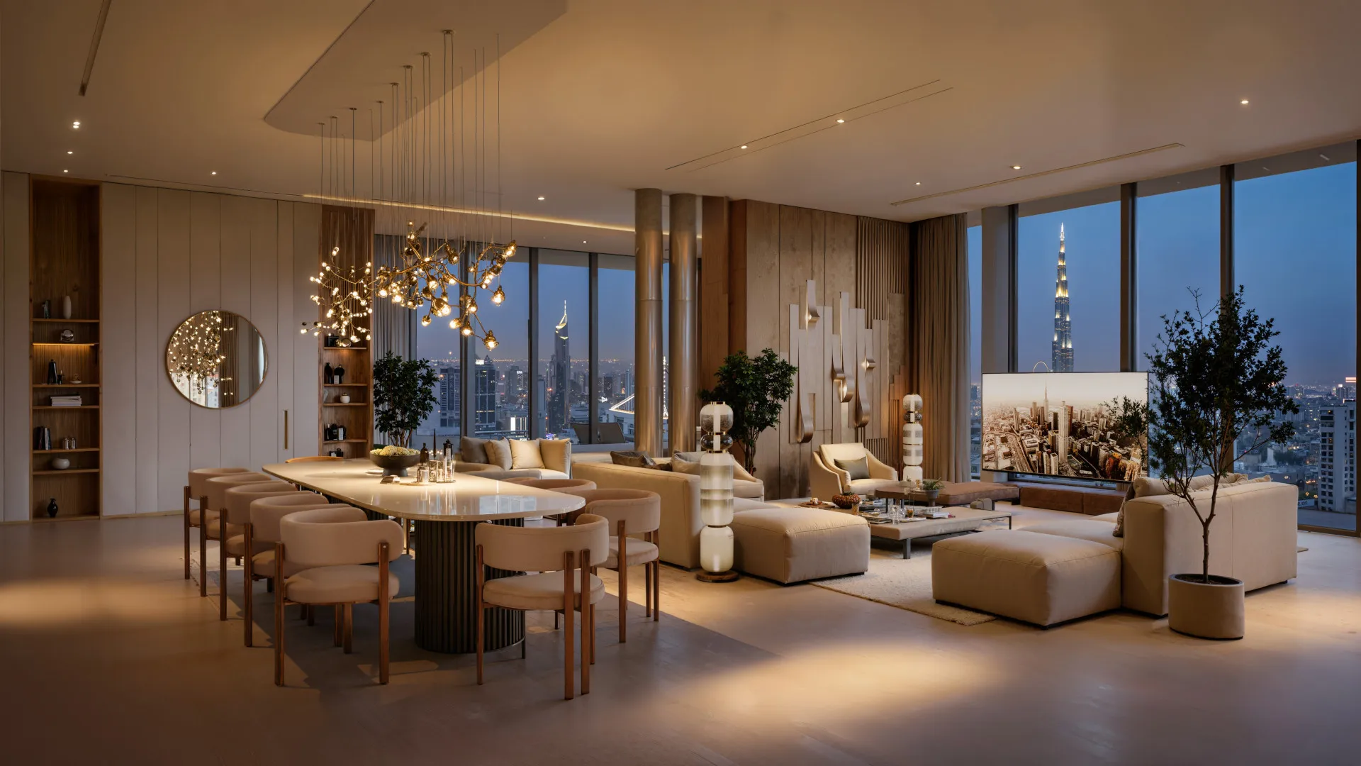 Living and dining room in a DWTN Residences apartment with skyline views