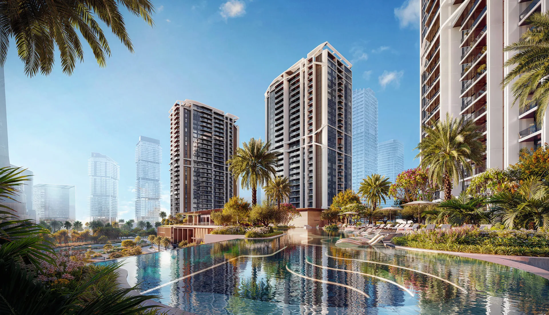 Towers above landscaped pools and water features, developer render