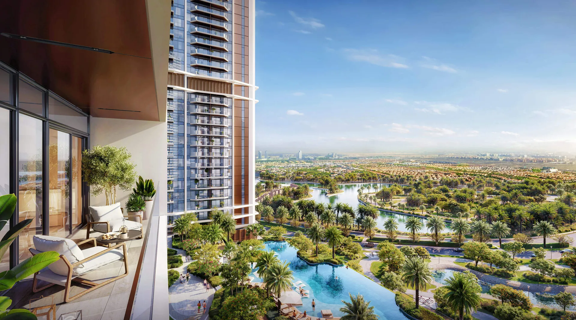 Balcony view over the lakes and pool deck, developer render
