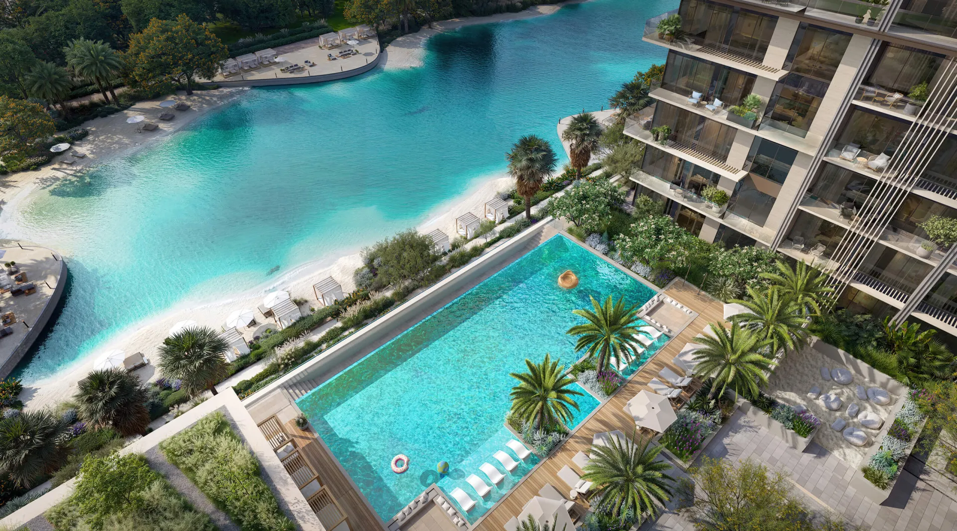 Pool deck and lagoon from above, developer render