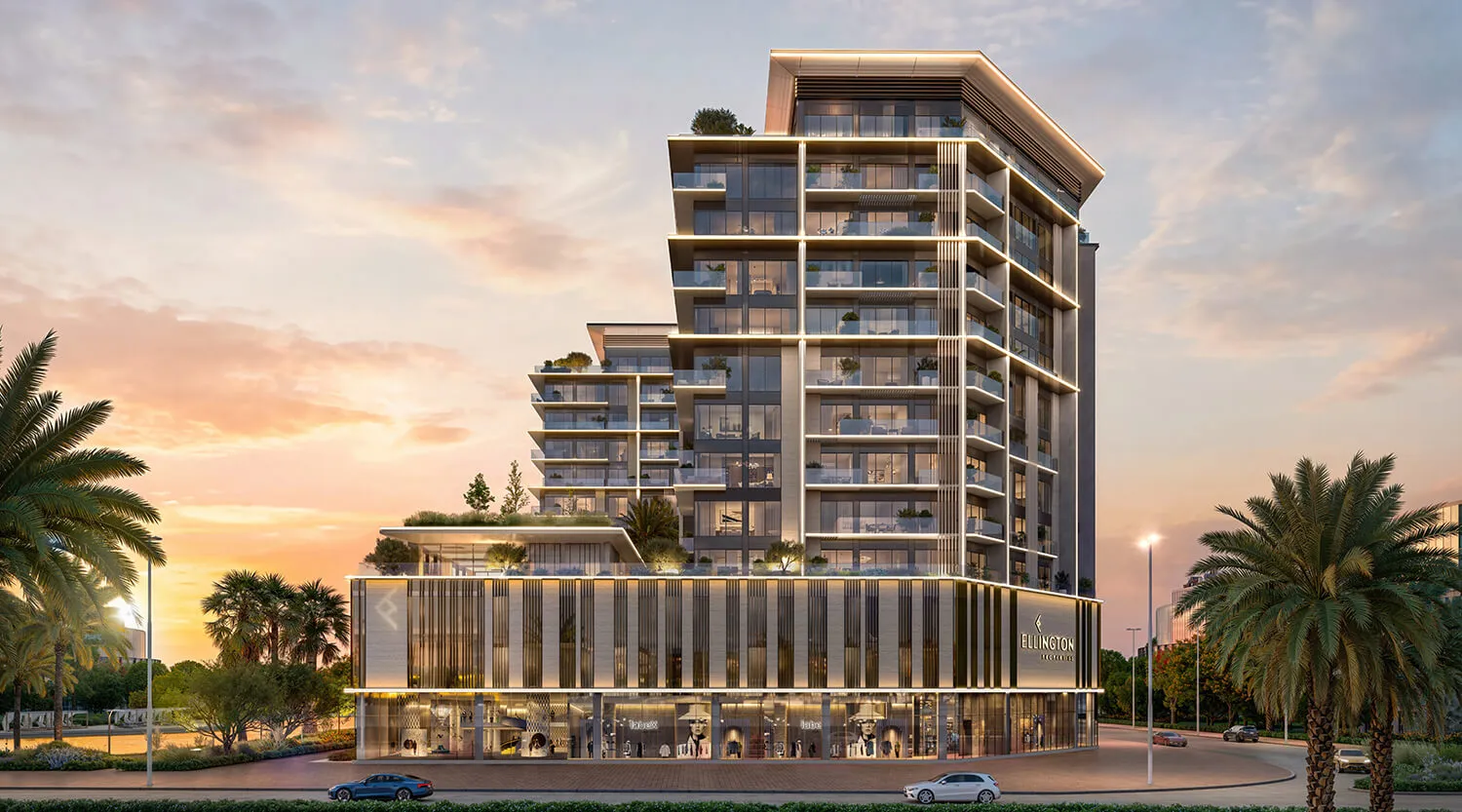 Everly Place building exterior at sunset, developer render