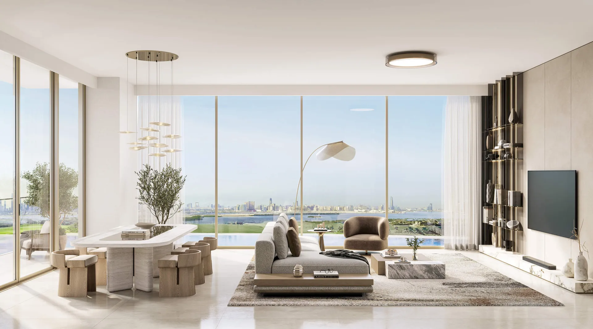 Apartment living room with full-height glazing, developer render