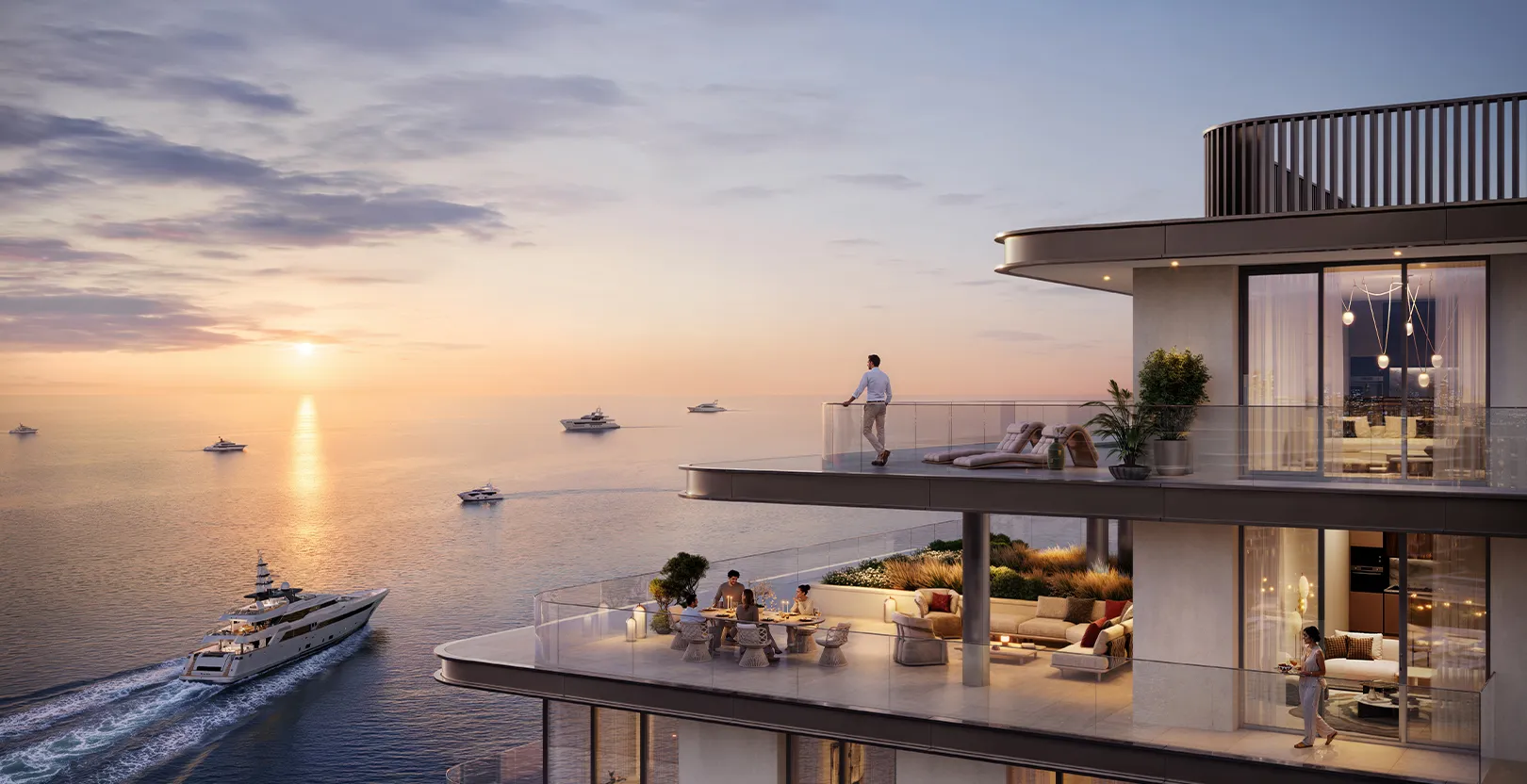 Terrace at Fior 1 facing the sea at sunset, Emaar render